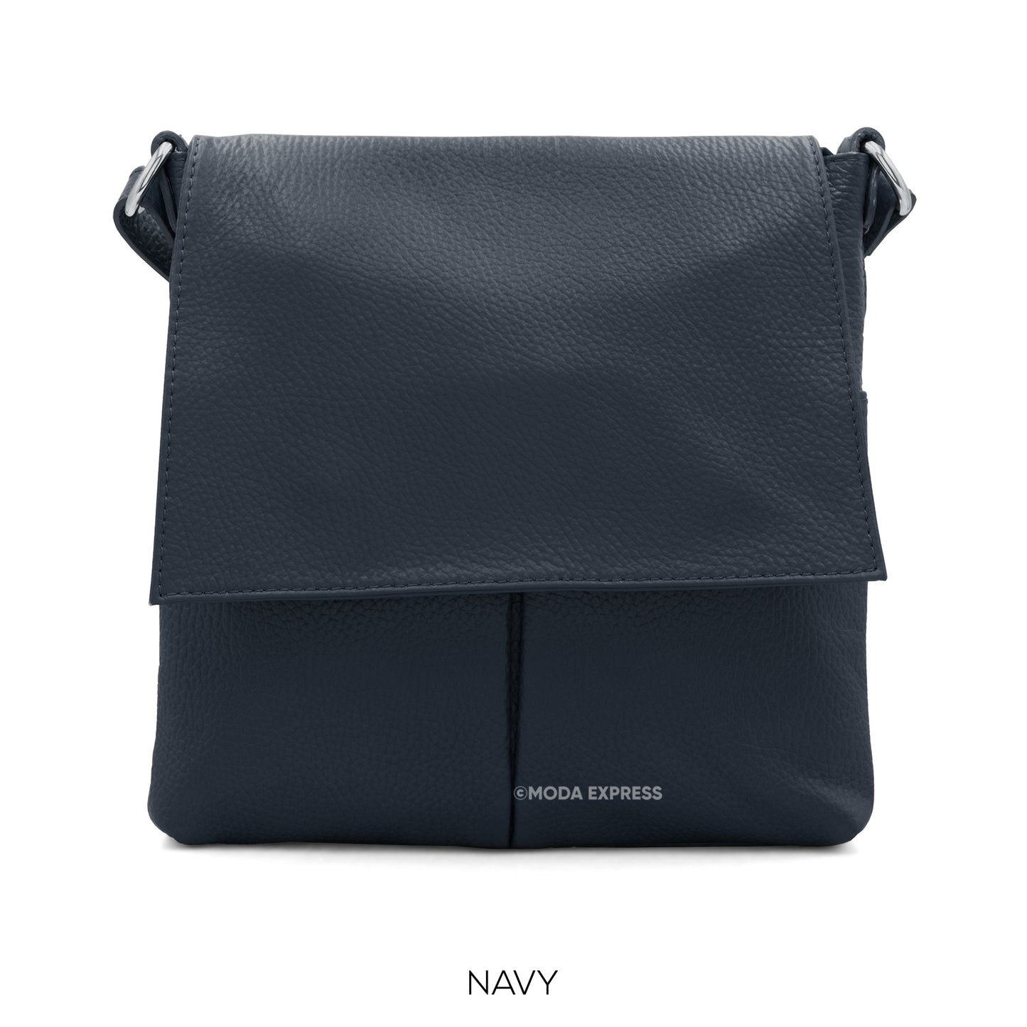 Leather Crossbody Bag with Two Pockets - Navy Blue