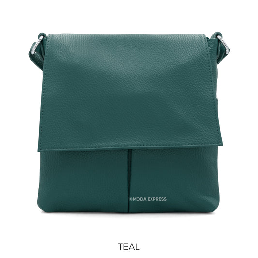 Leather Crossbody Bag with Two Pockets - Teal