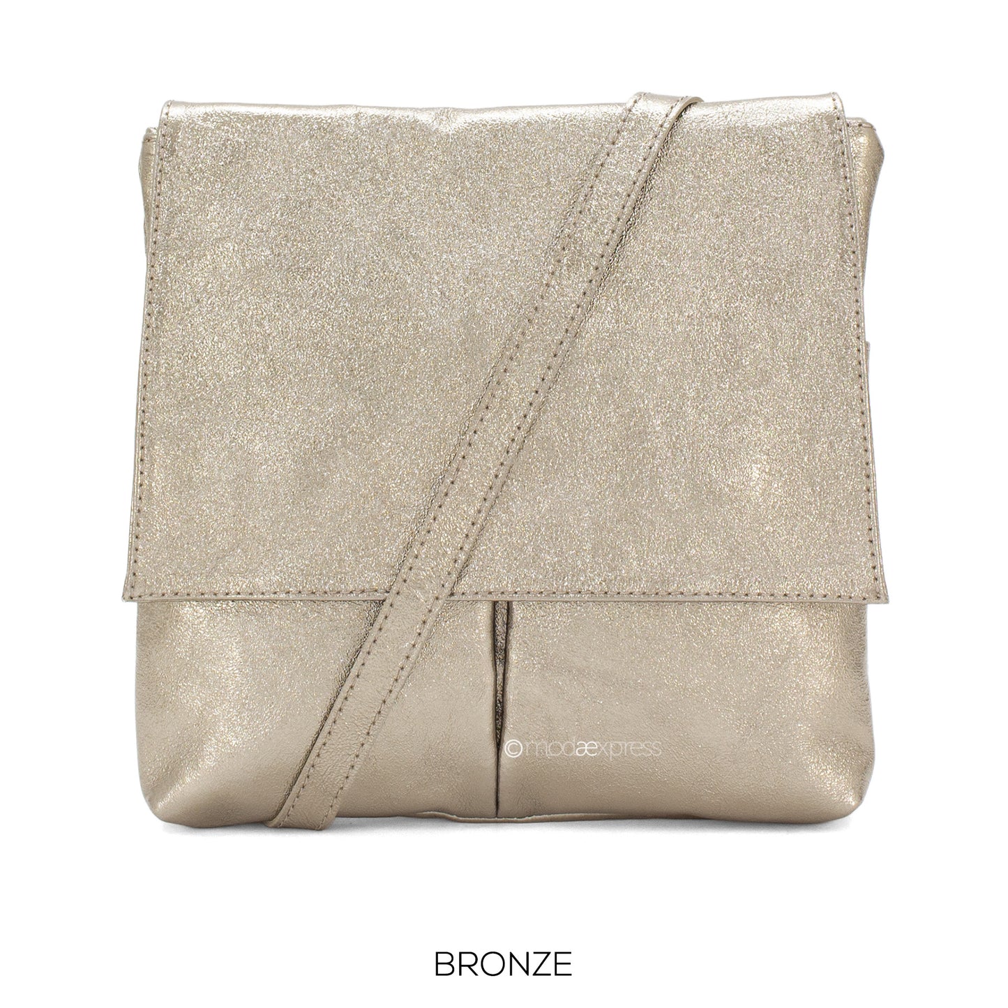 Leather Crossbody Bag with Two Pockets - Metallic Pewter