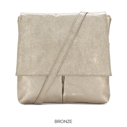 Leather Crossbody Bag with Two Pockets - Metallic Bronze