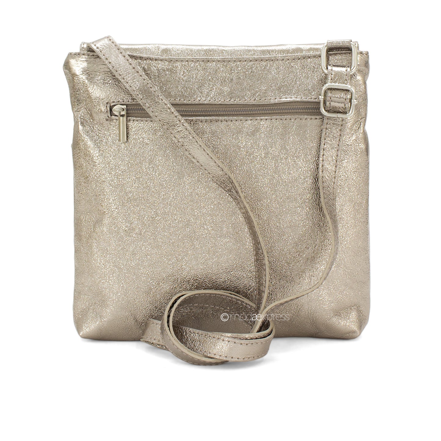 Leather Crossbody Bag with Two Pockets - Metallic Pewter
