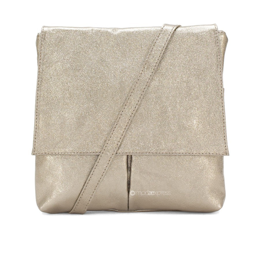 Leather Crossbody Bag with Two Pockets - Metallic Gold