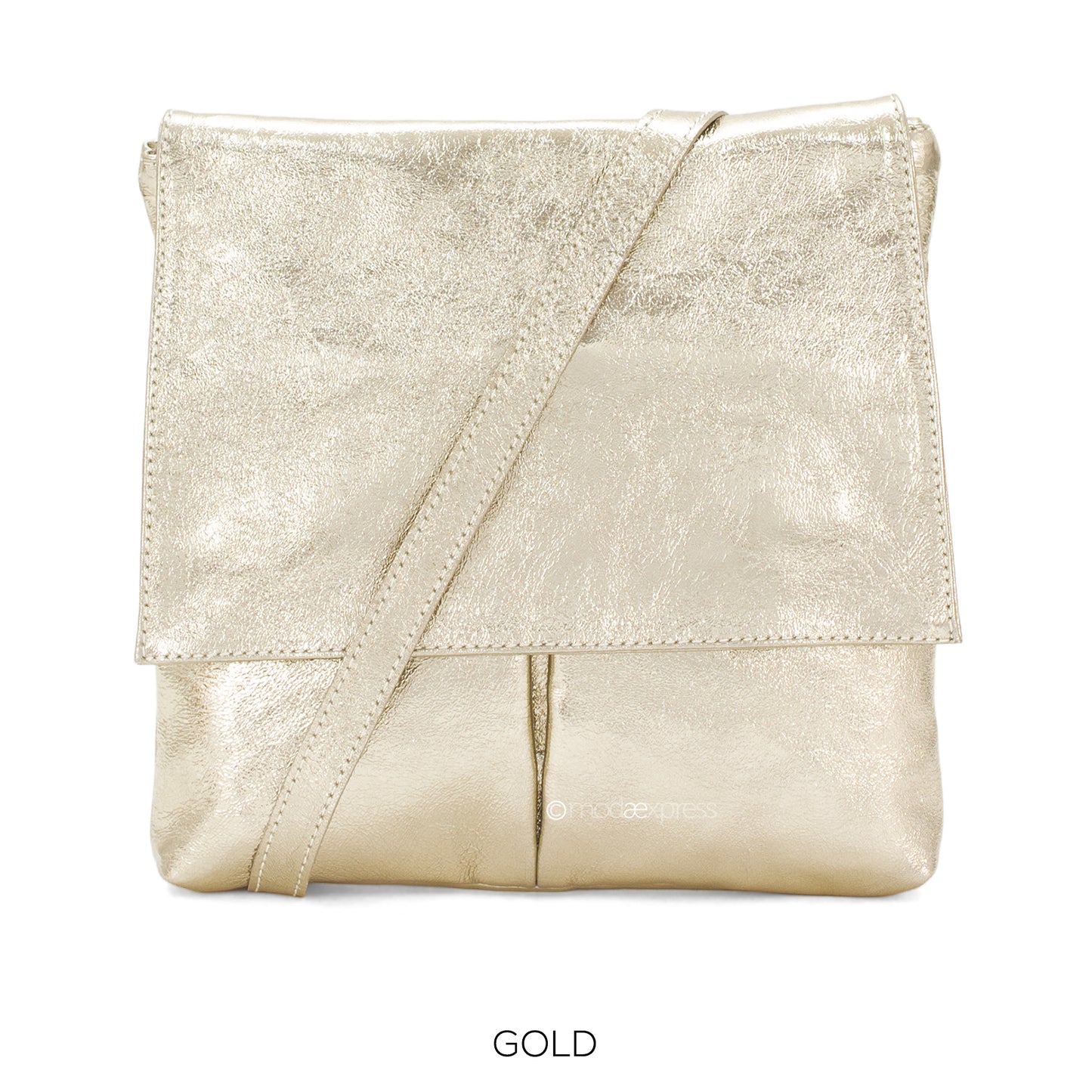 Leather Crossbody Bag with Two Pockets - Metallic Gold