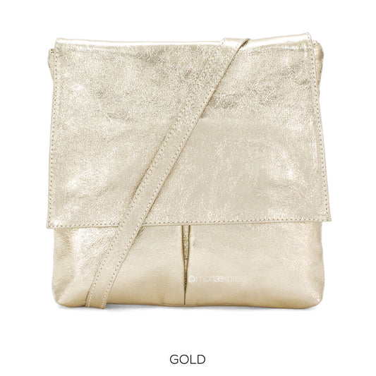 Leather Crossbody Bag with Two Pockets - Metallic Gold