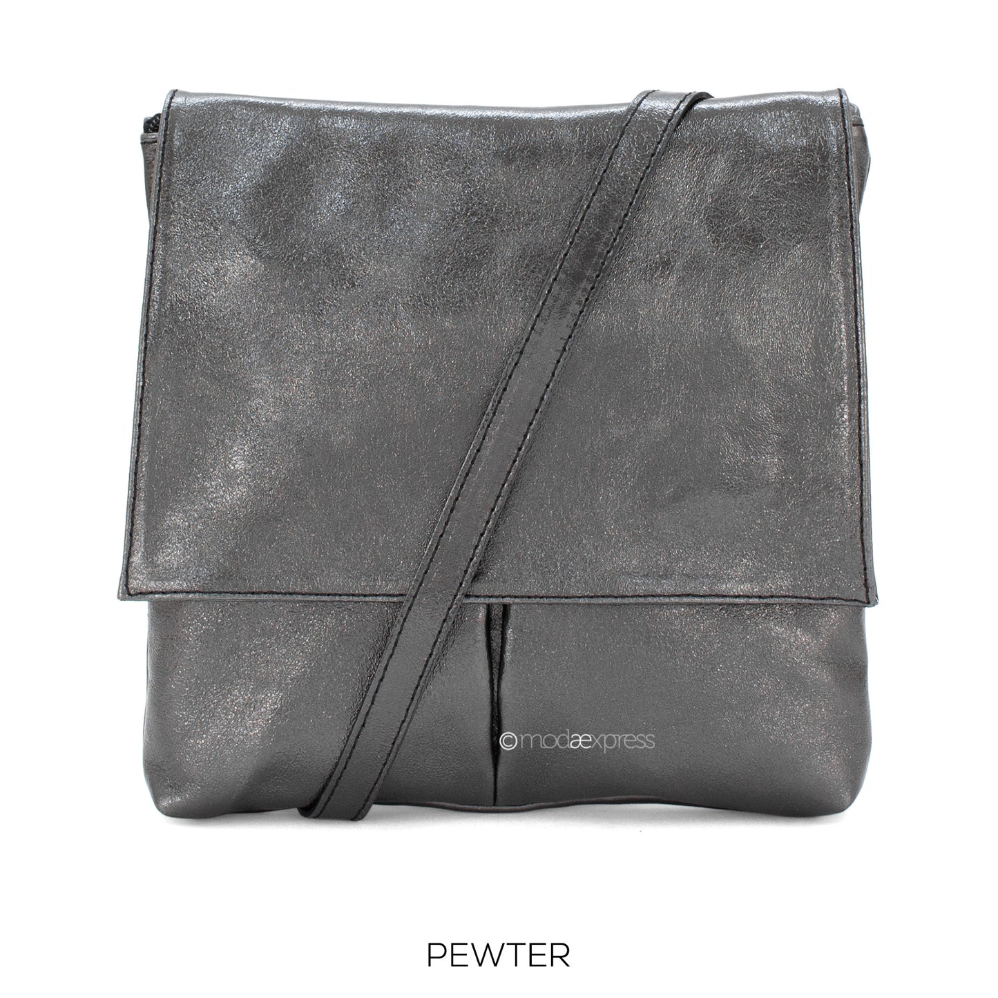 Leather Crossbody Bag with Two Pockets - Metallic Pewter