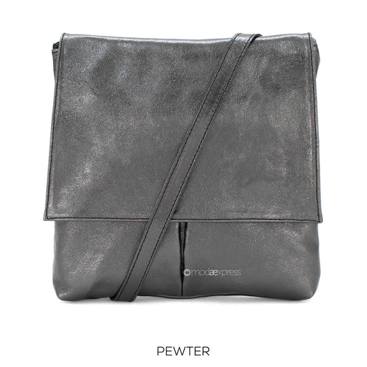 Leather Crossbody Bag with Two Pockets - Metallic Pewter