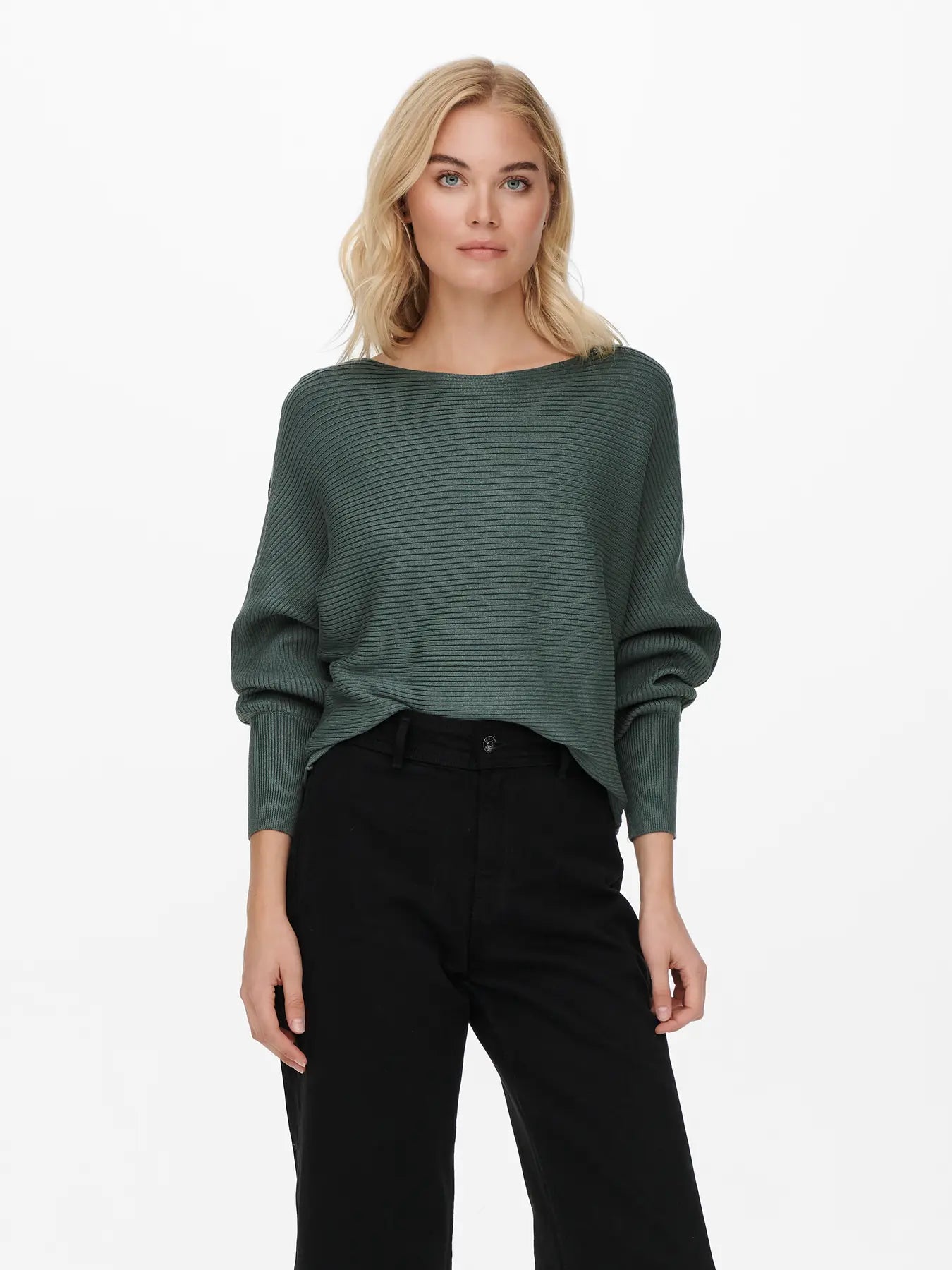 Boat Neck Batwing Sleeve Jumper - Green