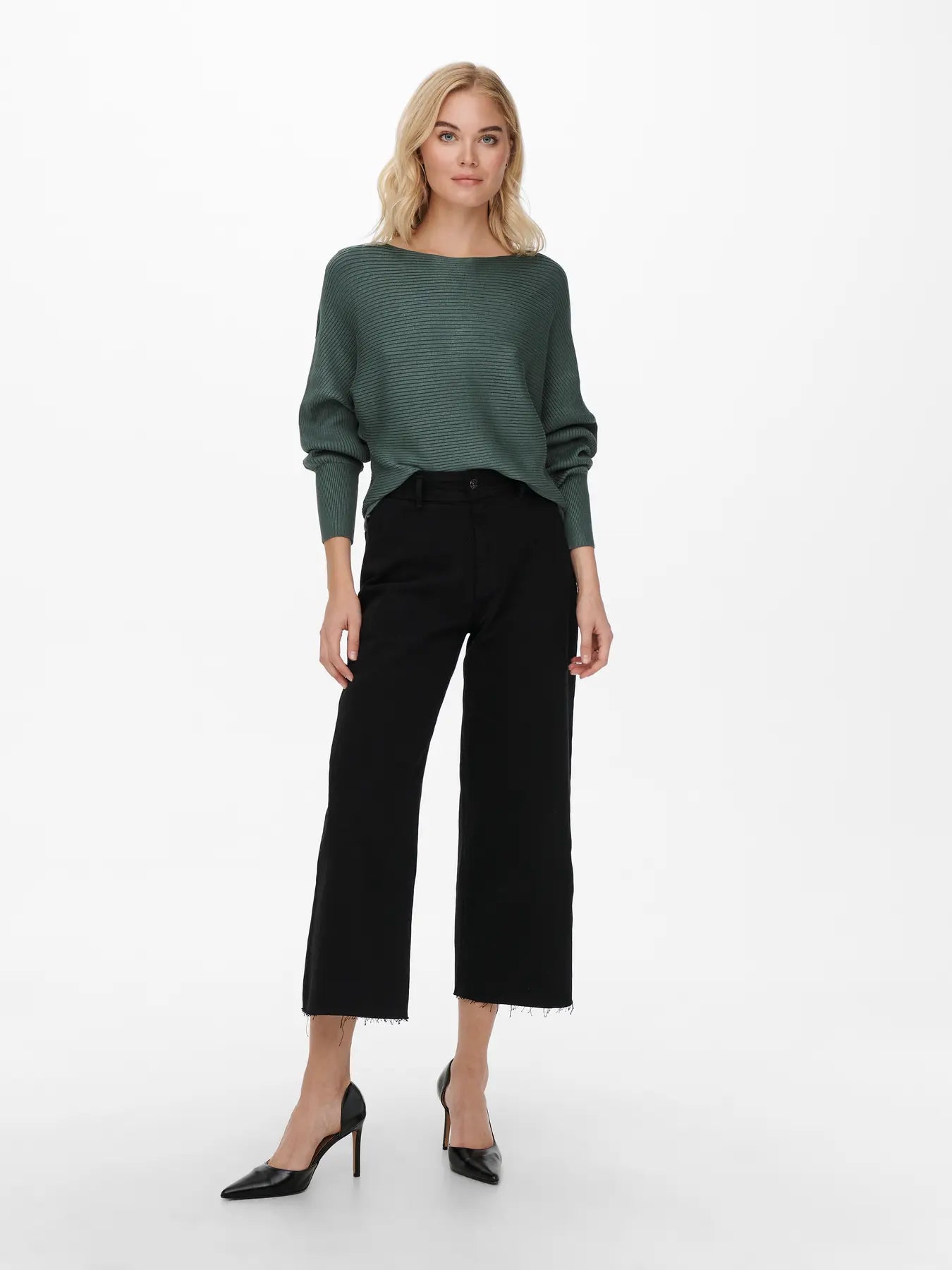 Boat Neck Batwing Sleeve Jumper - Green