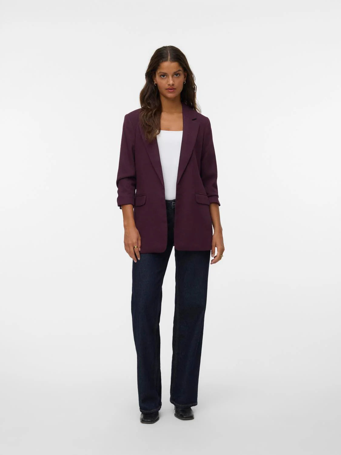 Blazer With 3/4 Ruched Sleeves - Wine