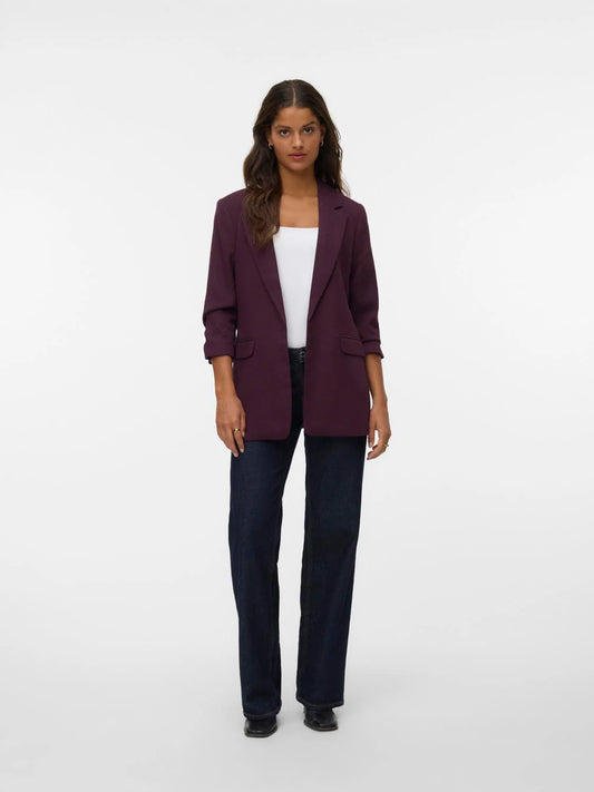 Blazer With 3/4 Ruched Sleeves - Wine