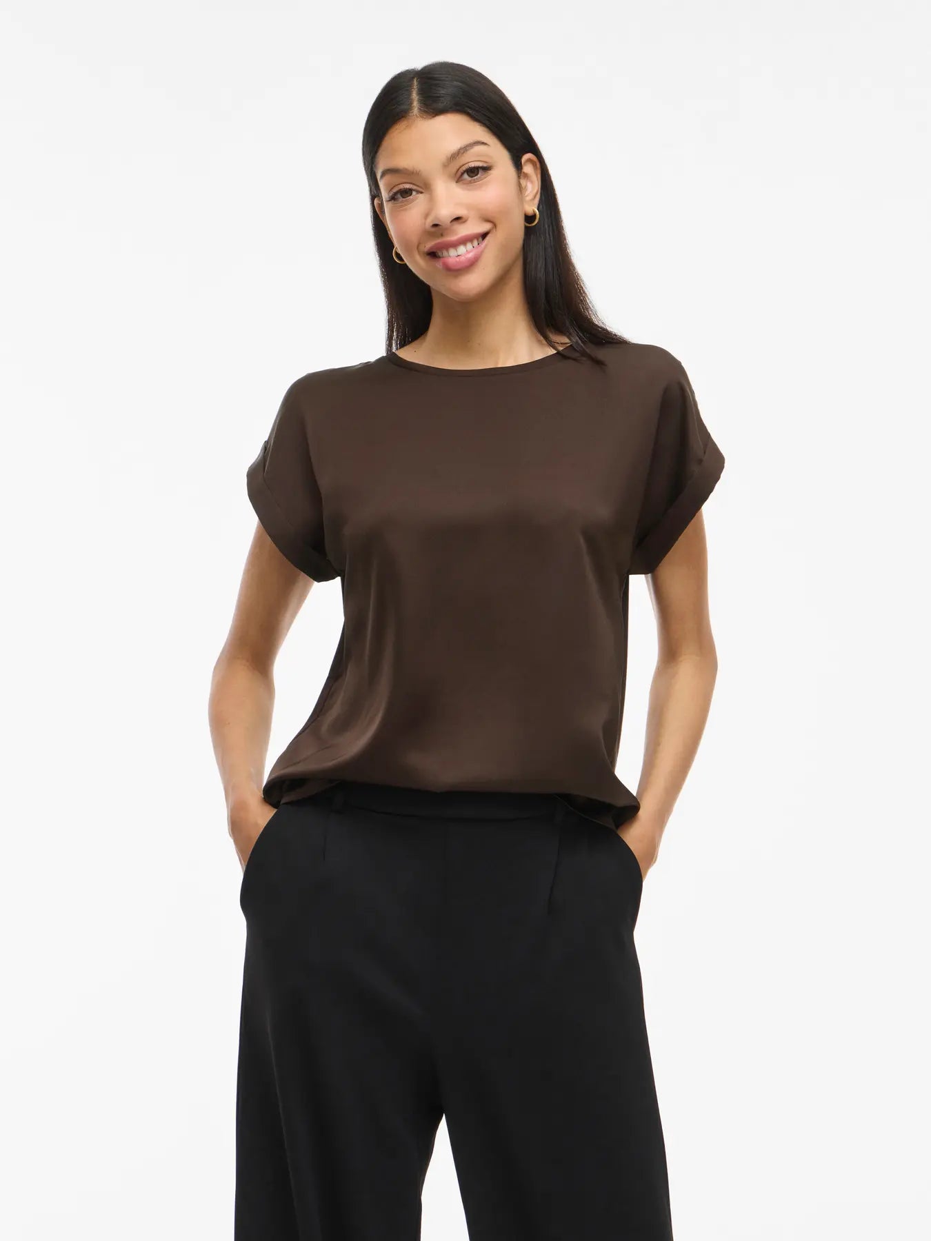 Satin Short Sleeve Top - Chocolate