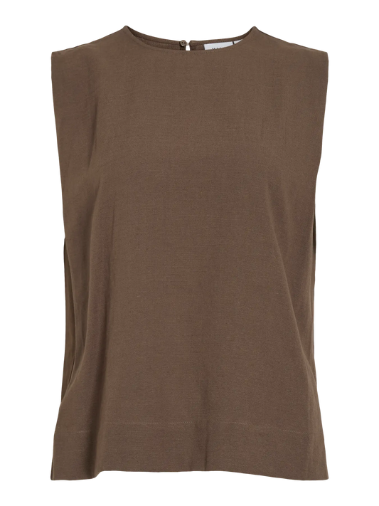 Sleeveless Linen Mix Shell Top - Oatmeal or Brown