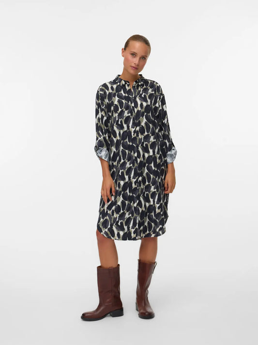 Shirt Dress - Khaki, Black, Grey & Ivory