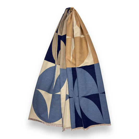 Retro Print Cashmere Blend Scarf - Blue, Ivory & Camel