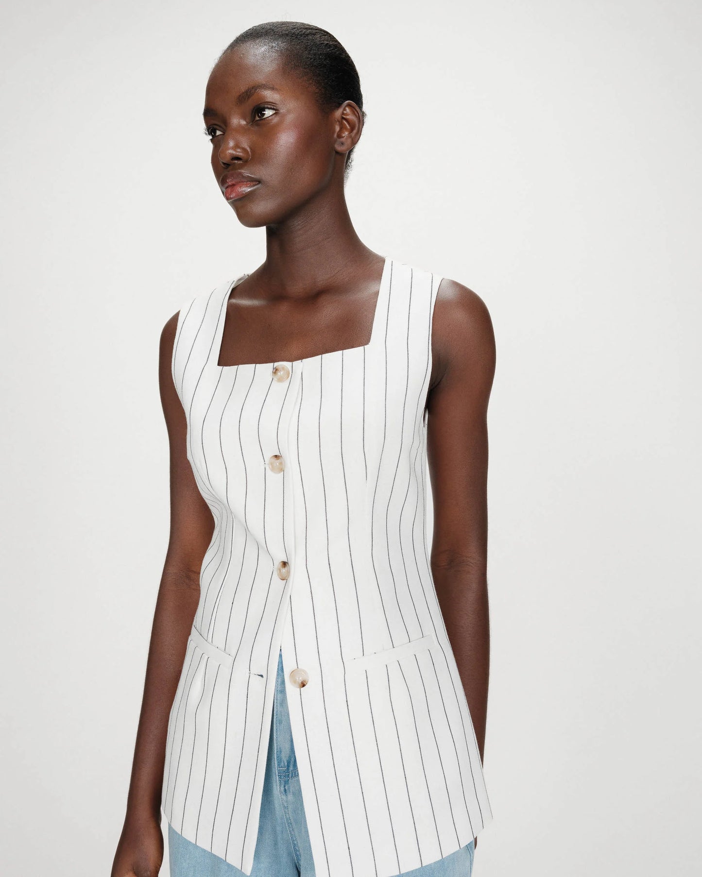 Tailored Square Neck Waistcoat - Oatmeal With Black Pinstripe