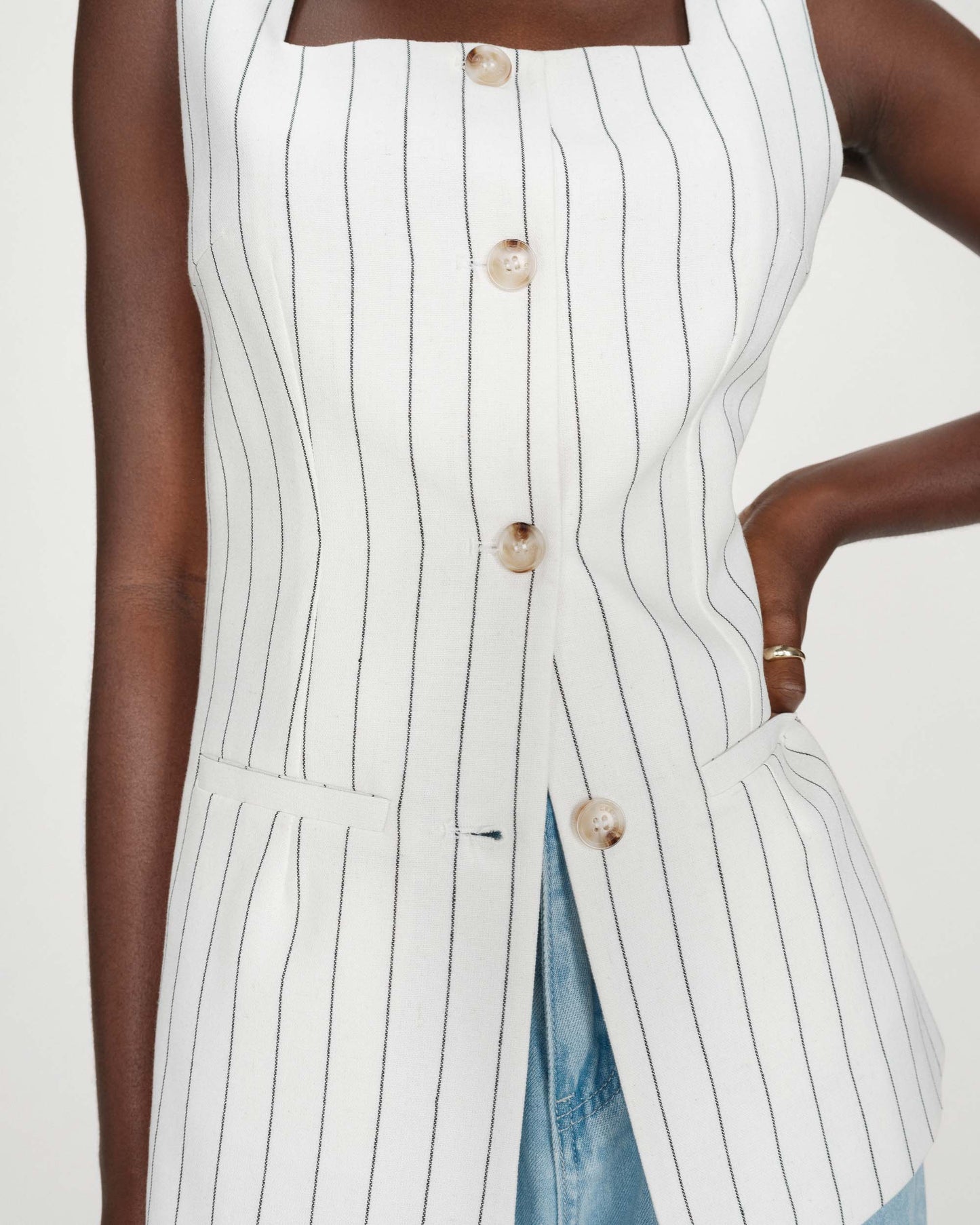 Tailored Square Neck Waistcoat - Oatmeal With Black Pinstripe