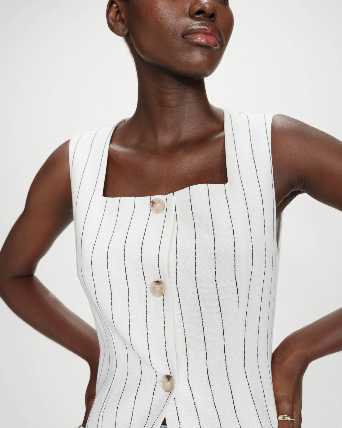 Tailored Square Neck Waistcoat - Oatmeal With Black Pinstripe