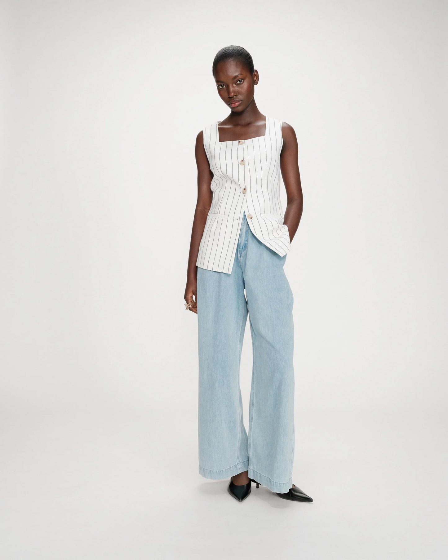 Tailored Square Neck Waistcoat - Oatmeal With Black Pinstripe