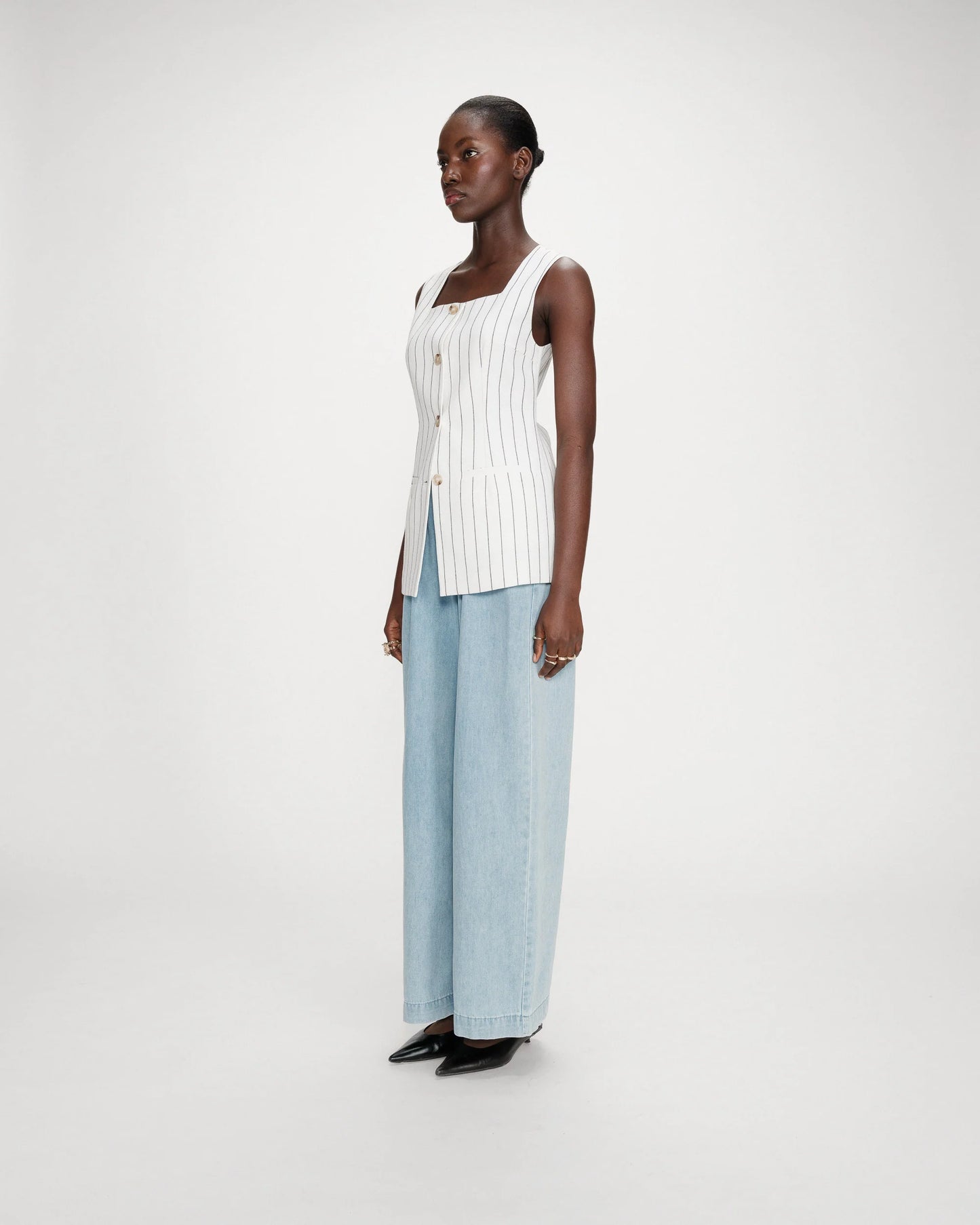 Tailored Square Neck Waistcoat - Oatmeal With Black Pinstripe