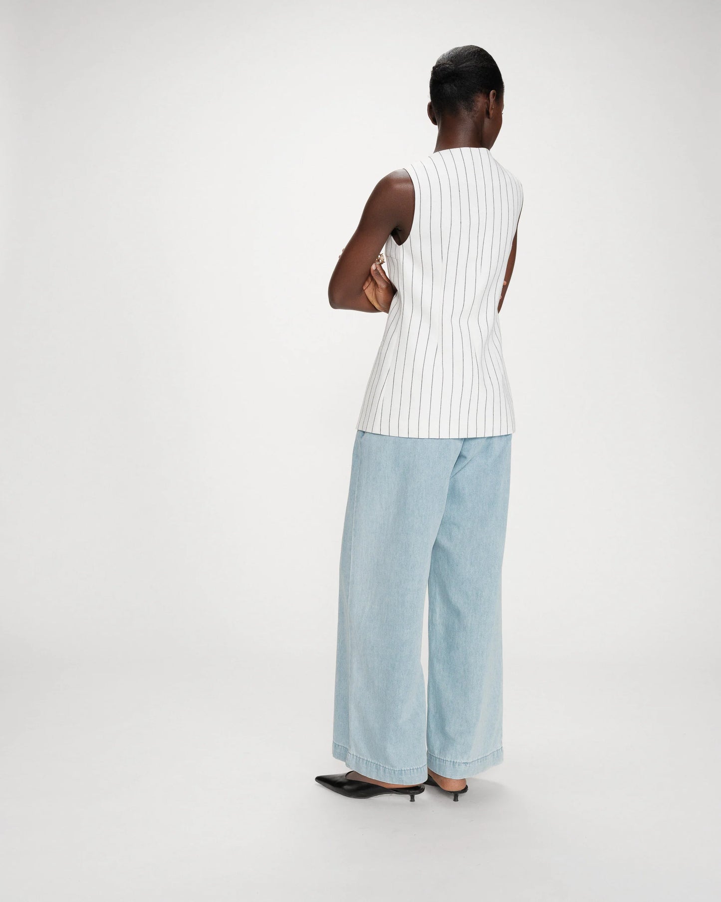 Tailored Square Neck Waistcoat - Oatmeal With Black Pinstripe