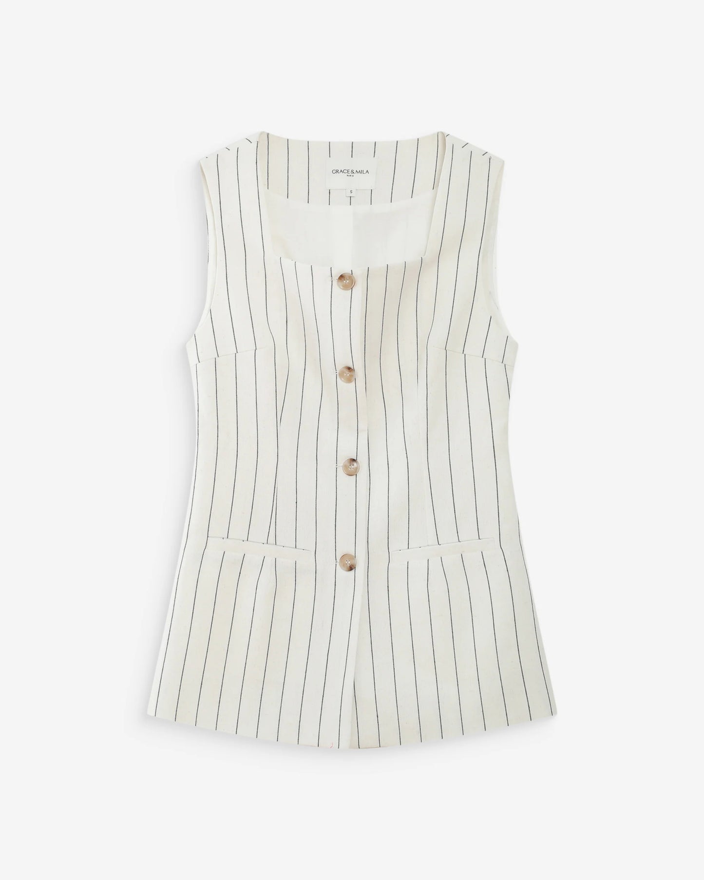 Tailored Square Neck Waistcoat - Oatmeal With Black Pinstripe