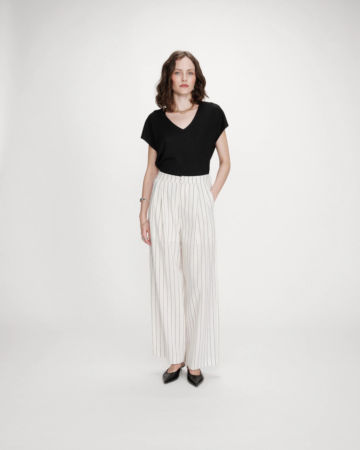 Tailored Wide Leg Trousers - Oatmeal With Black Pinstripe