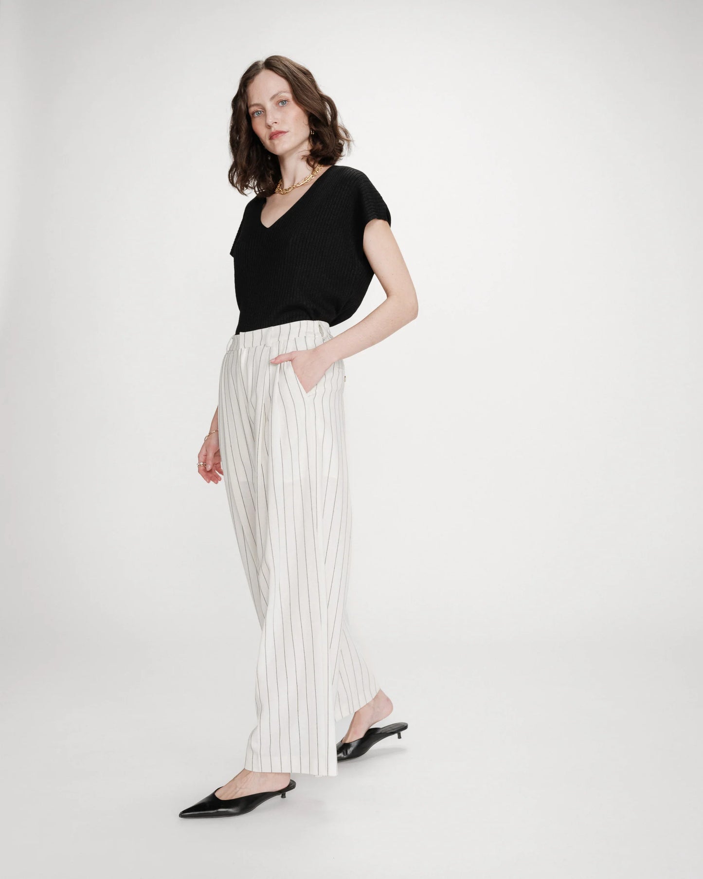 Tailored Wide Leg Trousers - Oatmeal With Black Pinstripe