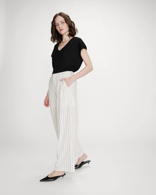 Tailored Wide Leg Trousers - Oatmeal With Black Pinstripe