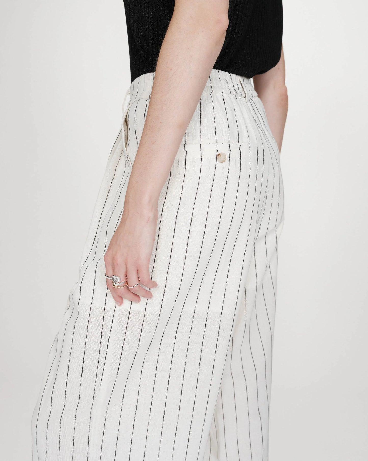 Tailored Wide Leg Trousers - Oatmeal With Black Pinstripe