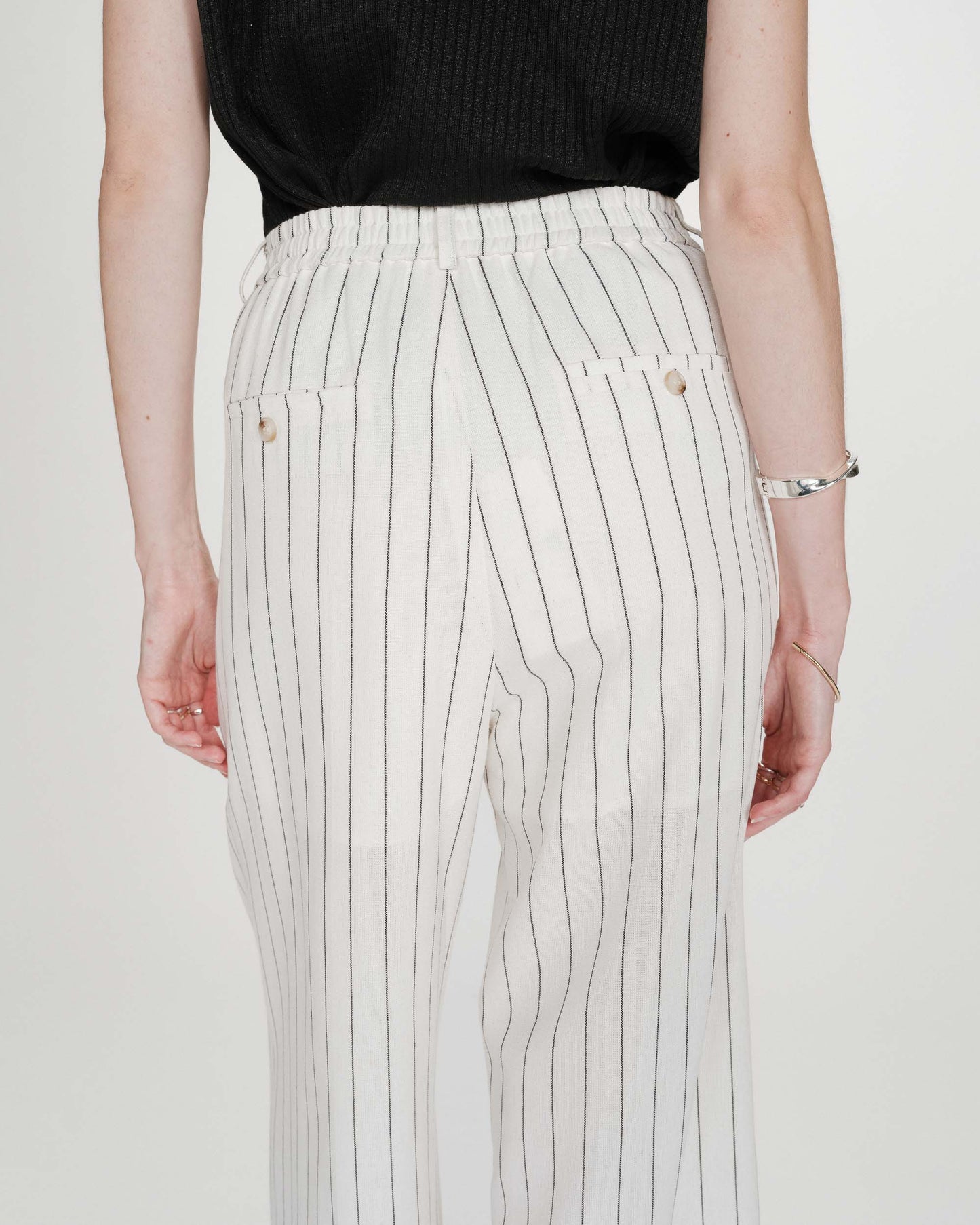 Tailored Wide Leg Trousers - Oatmeal With Black Pinstripe