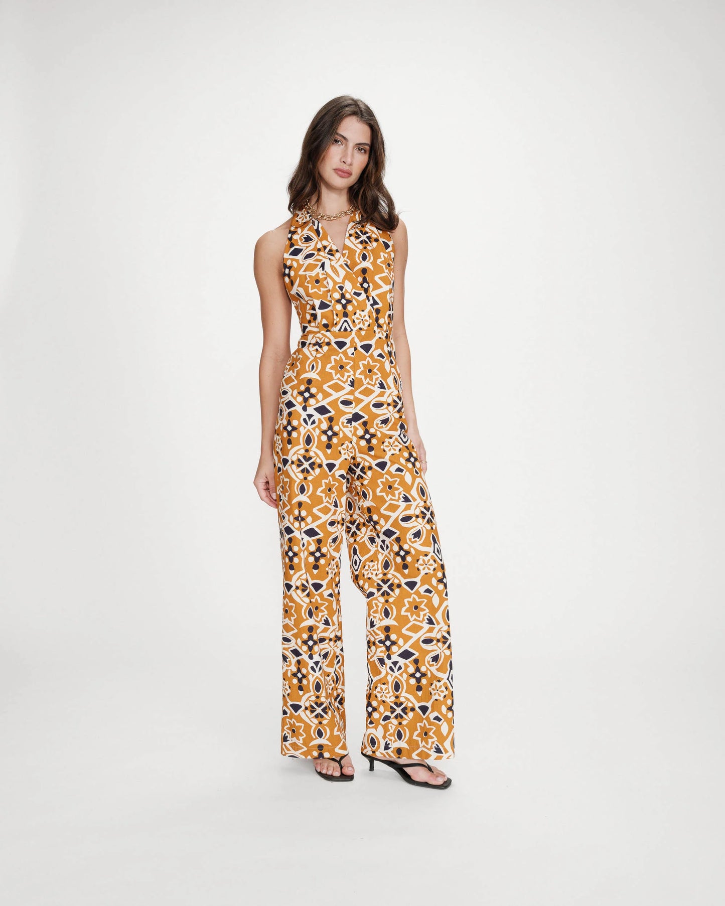 Halter Neck Wide Leg Cotton Jumpsuit - Orange, Navy & Oatmeal