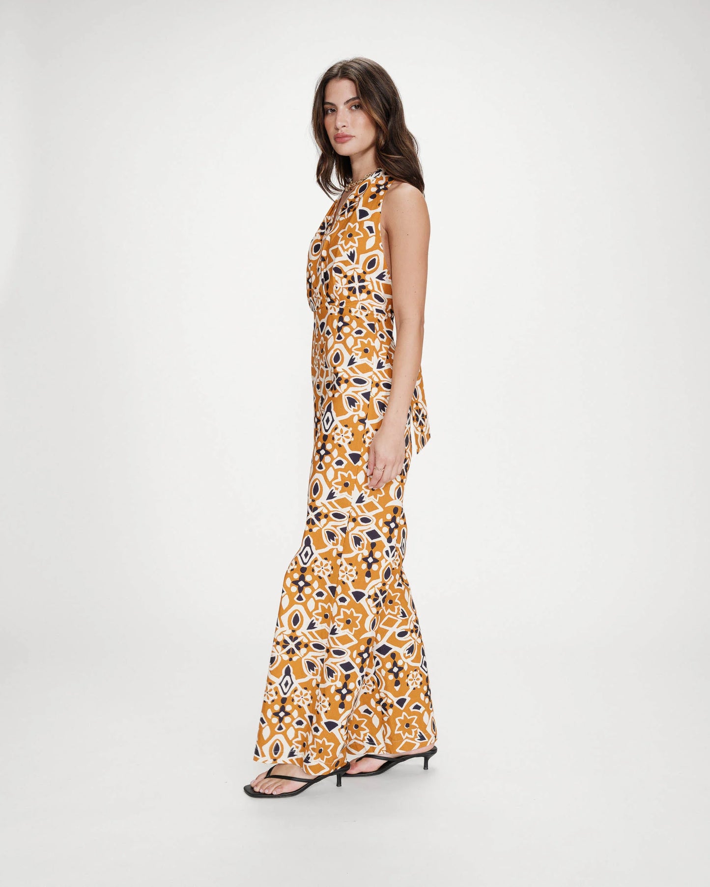 Halter Neck Wide Leg Cotton Jumpsuit - Orange, Navy & Oatmeal