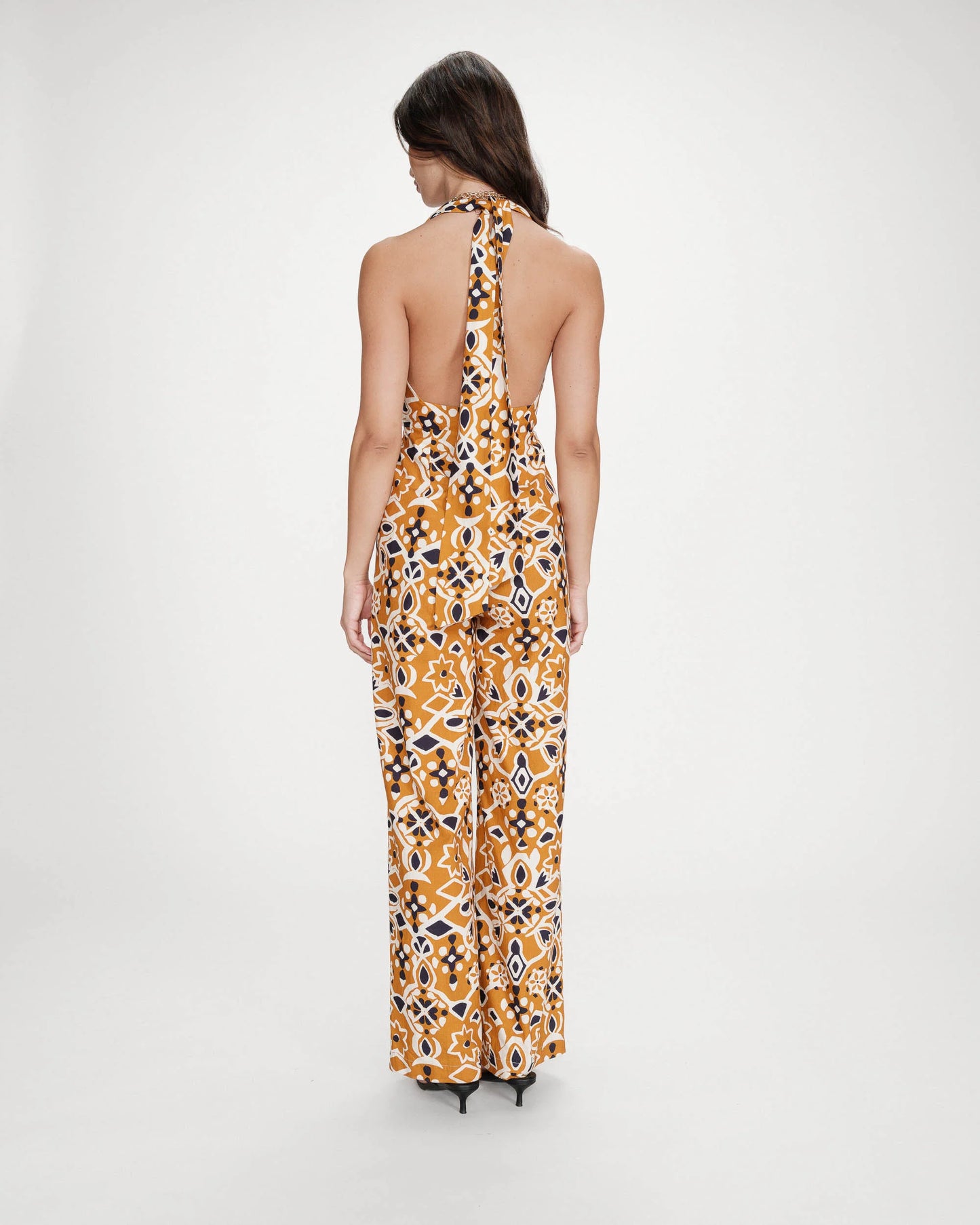 Halter Neck Wide Leg Cotton Jumpsuit - Orange, Navy & Oatmeal