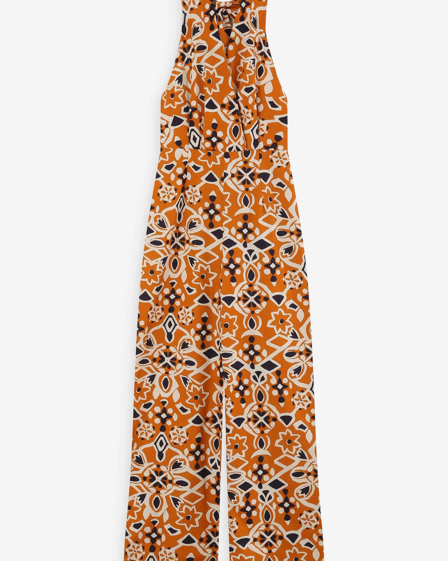 Halter Neck Wide Leg Cotton Jumpsuit - Orange, Navy & Oatmeal