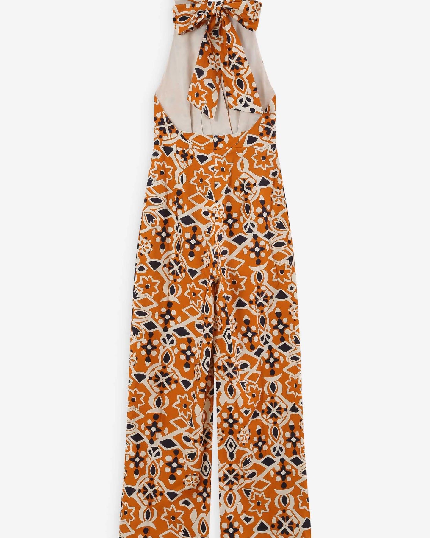 Halter Neck Wide Leg Cotton Jumpsuit - Orange, Navy & Oatmeal