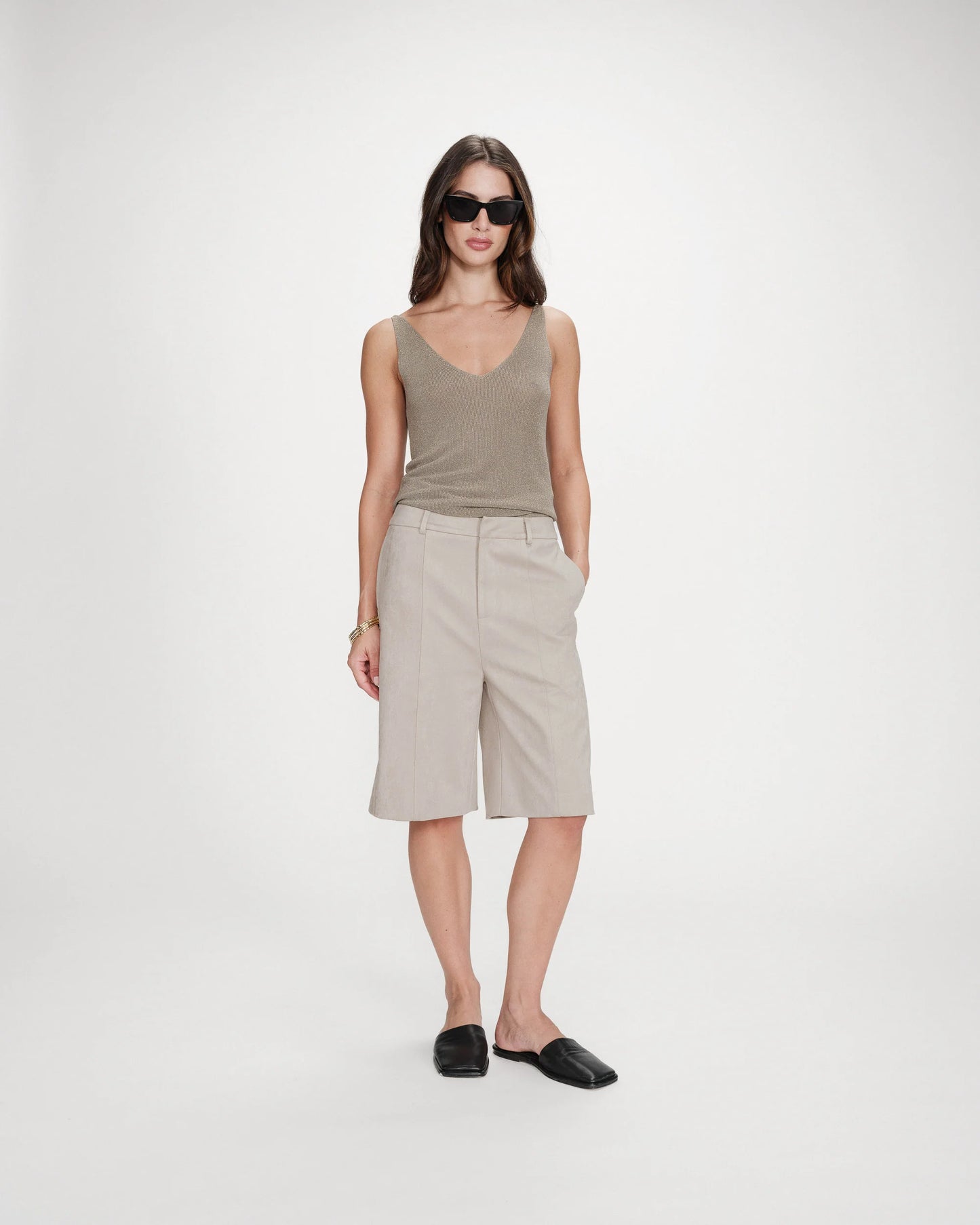 Metallic Knitted V-Neck Vest Top - Rose Gold or Khaki