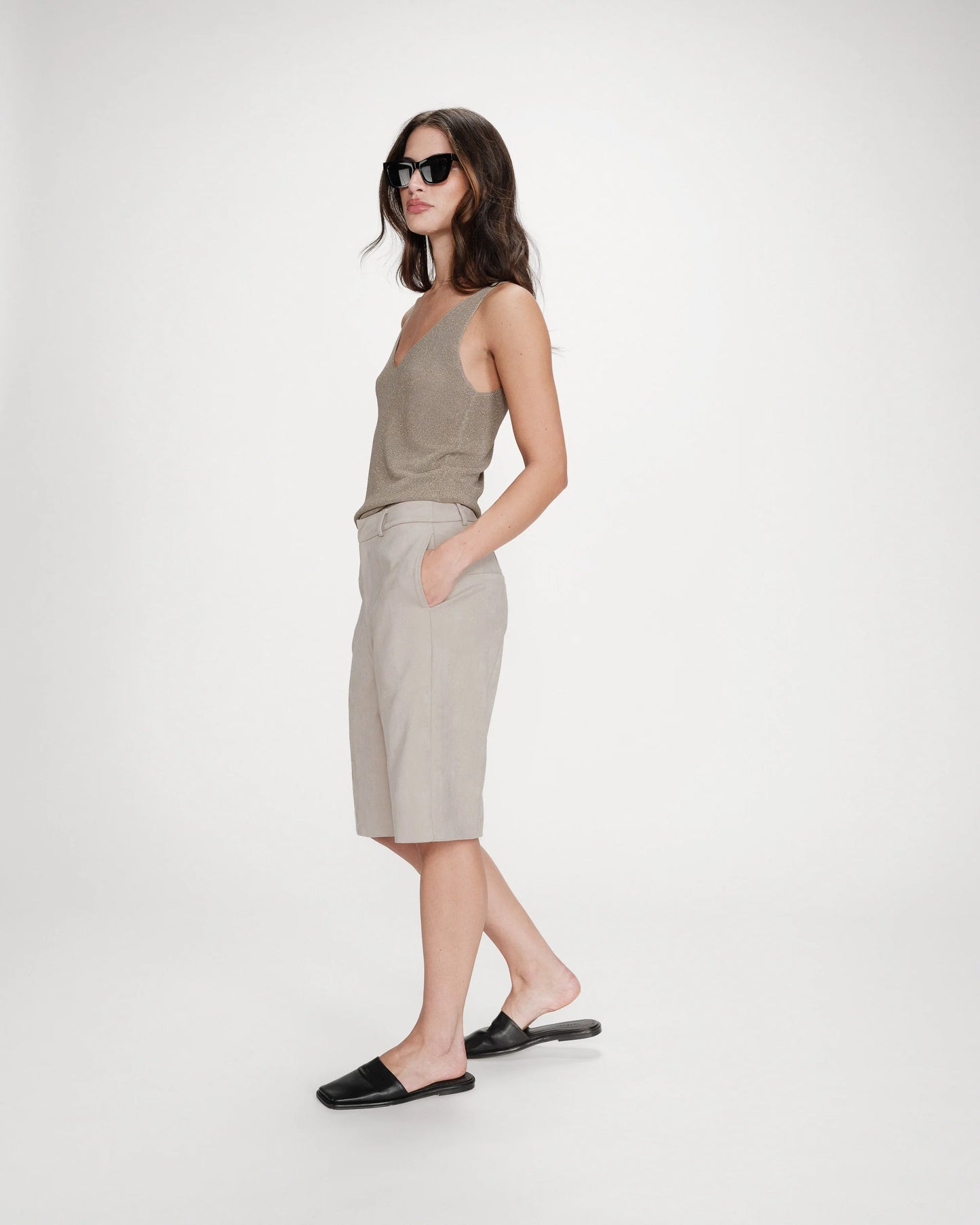 Metallic Knitted V-Neck Vest Top - Rose Gold or Khaki