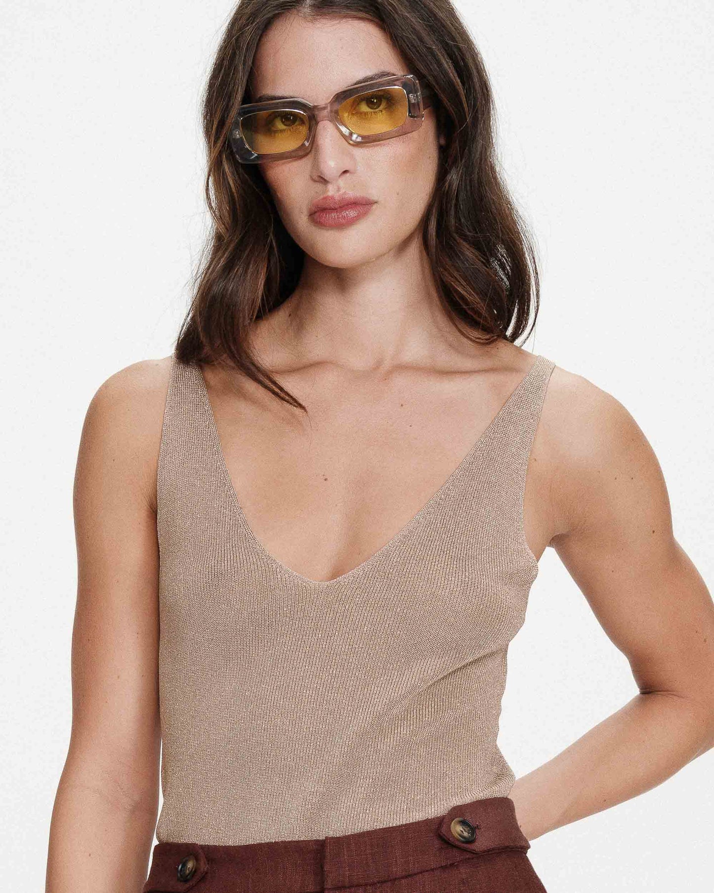 Metallic Knitted V-Neck Vest Top - Rose Gold or Khaki