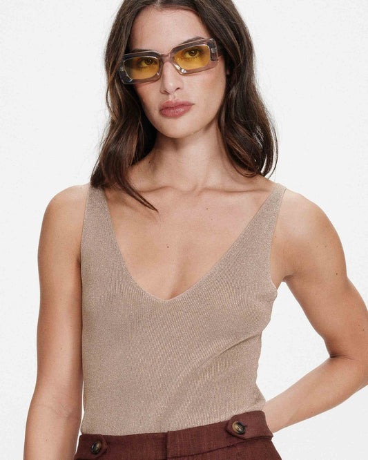 Metallic Knitted V-Neck Vest Top - Rose Gold or Khaki