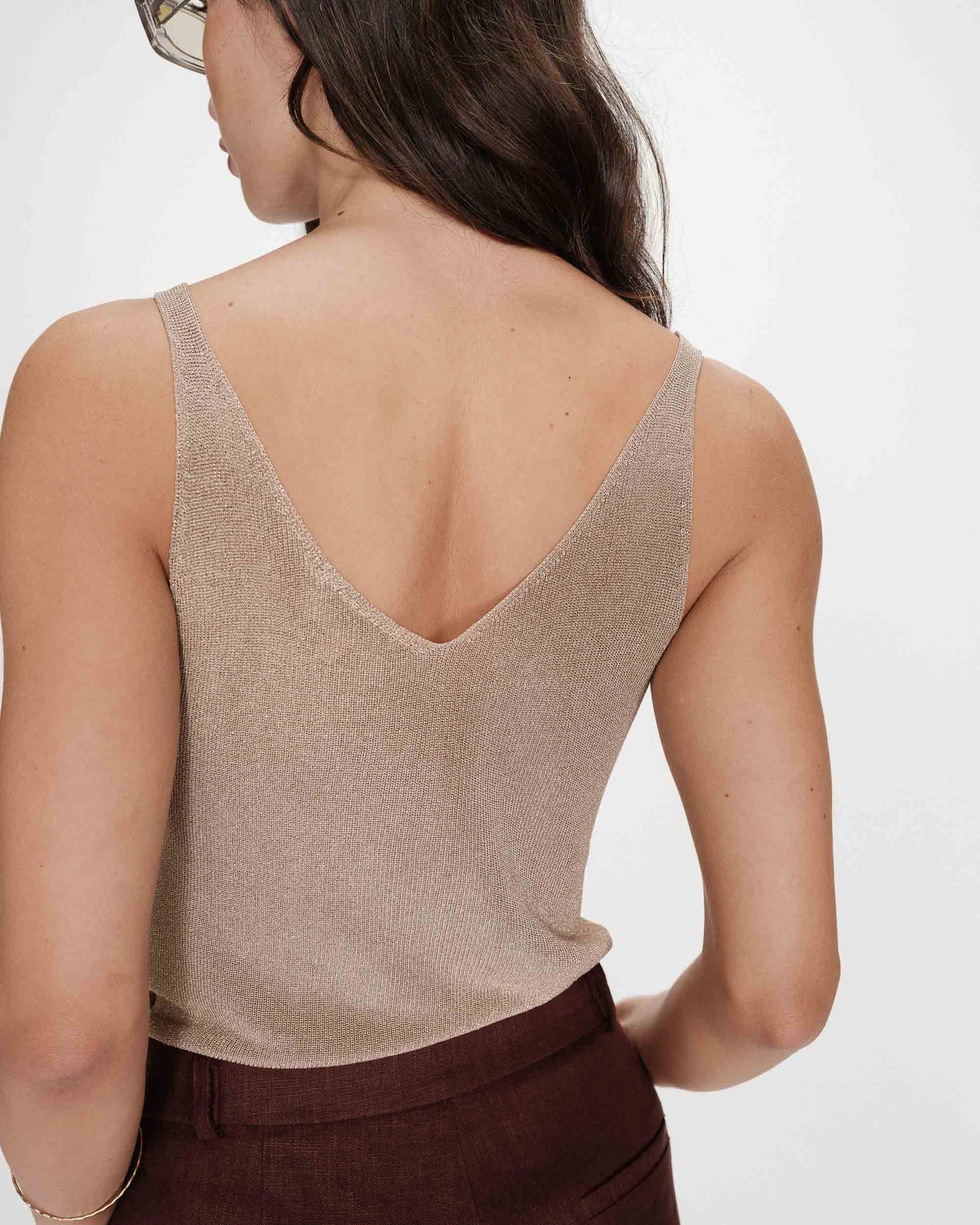 Metallic Knitted V-Neck Vest Top - Rose Gold or Khaki