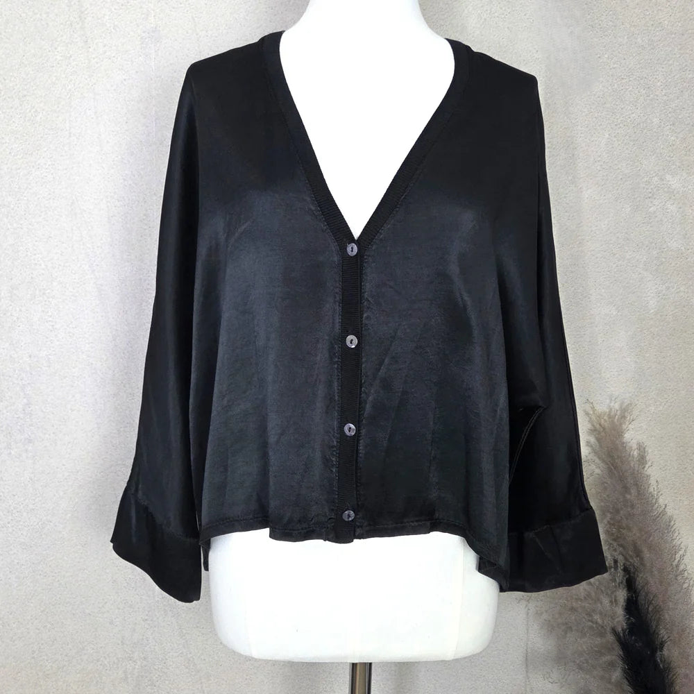 Short Button Down Satin Cardi / Top With Relaxed Batwing Arm - Black