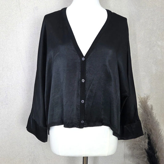 Short Button Down Satin Cardi / Top With Relaxed Batwing Arm - Black