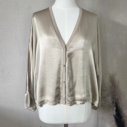 Short Button Down Satin Cardi / Top With Relaxed Batwing Arm - Gold