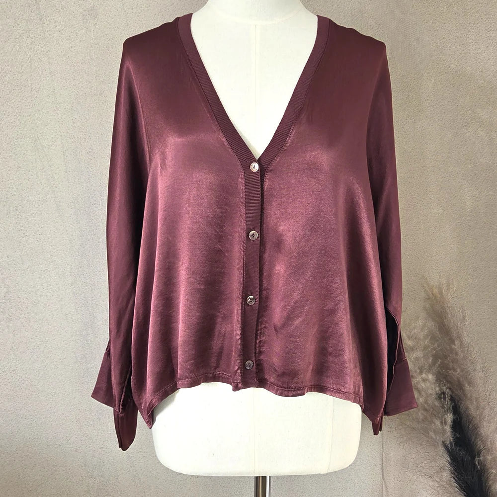 Short Button Down Satin Cardi / Top With Relaxed Batwing Arm - Wine