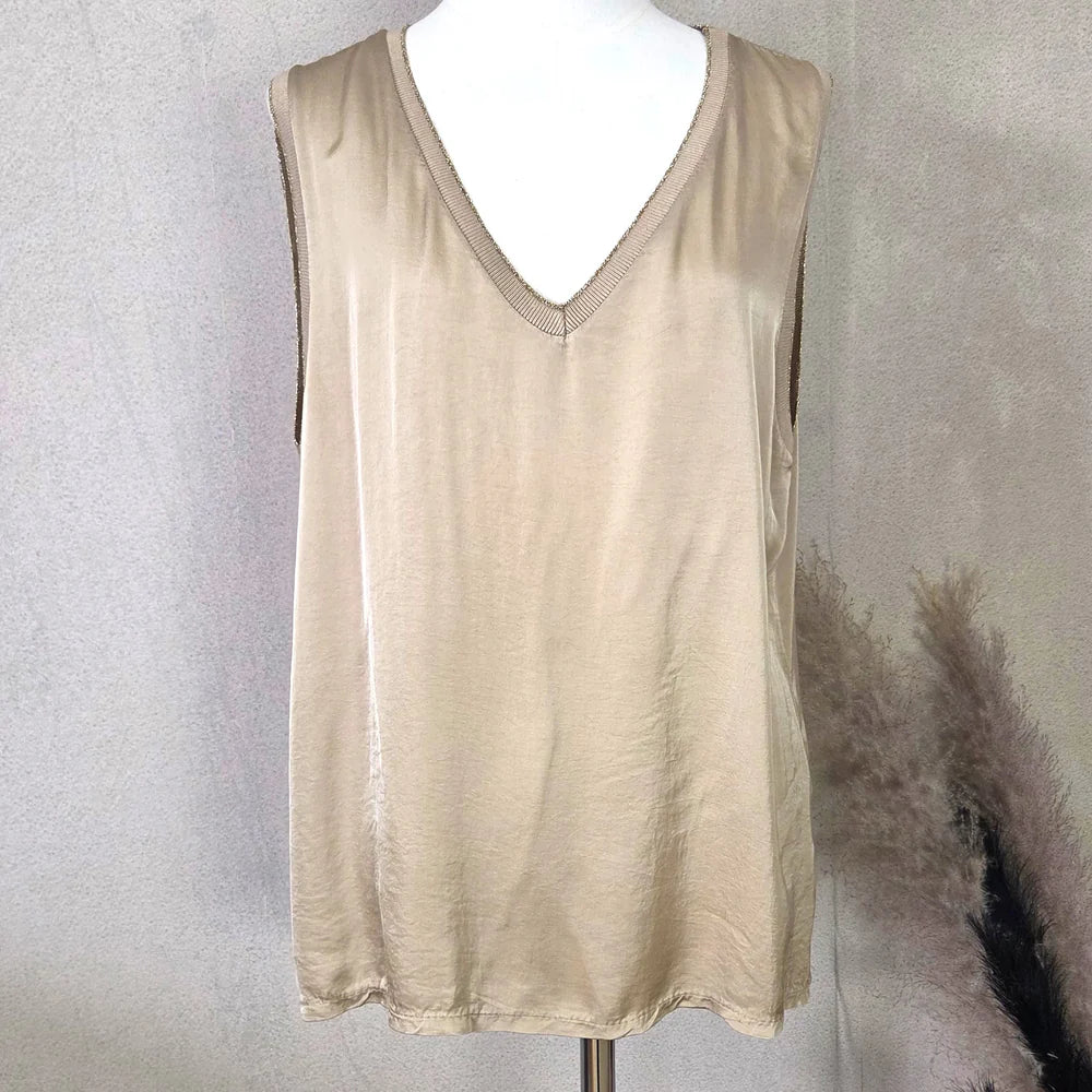 Dressy Satin Vest Top With Gold Edge Detail  - Gold
