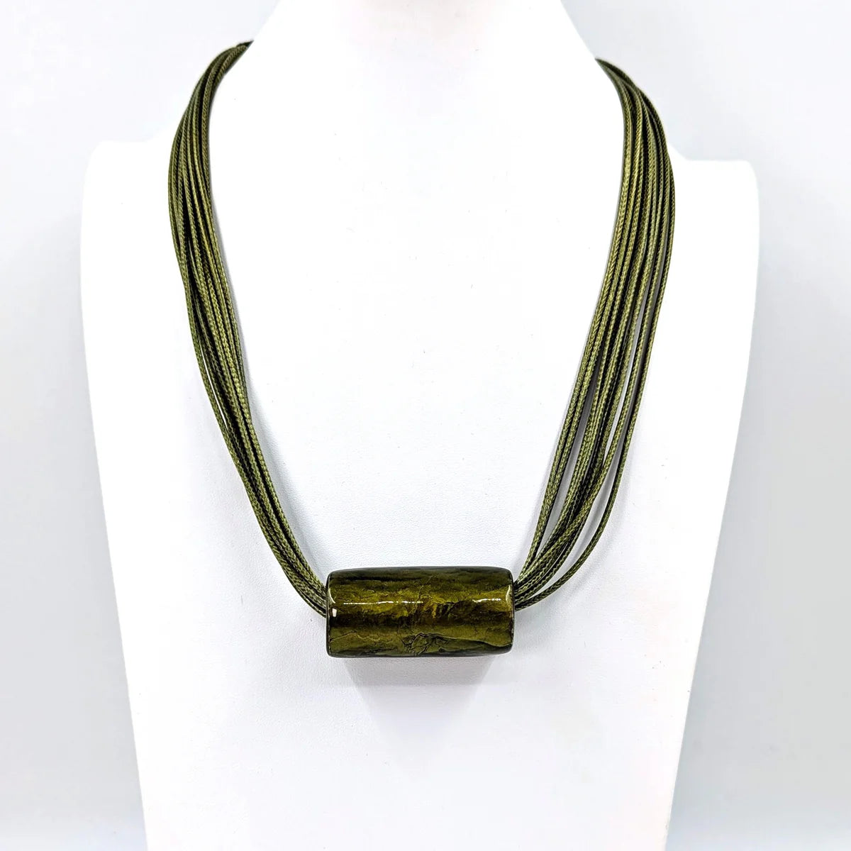 Multi Silk Like Cord Necklace In Olive With Tube Feature