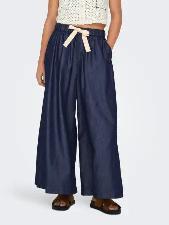 Denim Blue Cotton Mix Wide Leg Palazzo Trouser