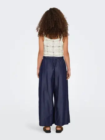 Denim Blue Cotton Mix Wide Leg Palazzo Trouser