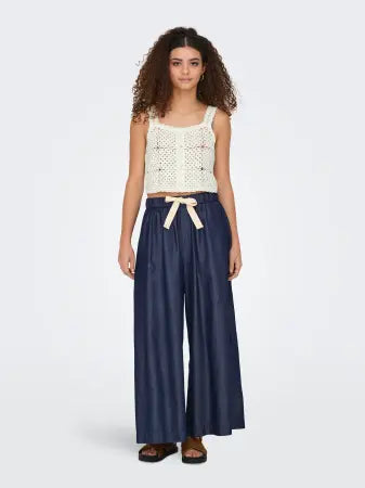 Denim Blue Cotton Mix Wide Leg Palazzo Trouser