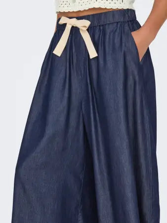 Denim Blue Cotton Mix Wide Leg Palazzo Trouser